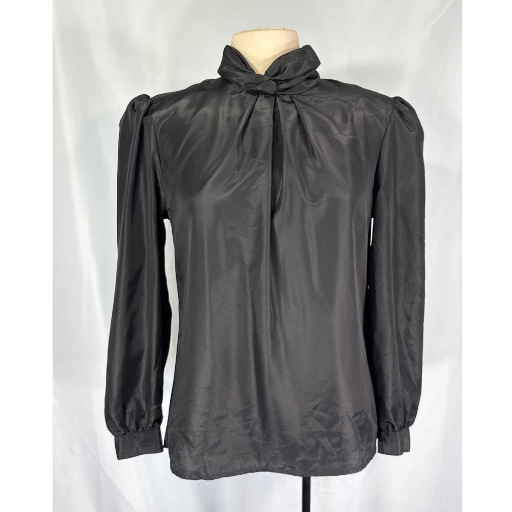 Pykettes VTG 70s Black Satin‎ High Neck Puff Sleeve Secretary Blouse Top Shirt M